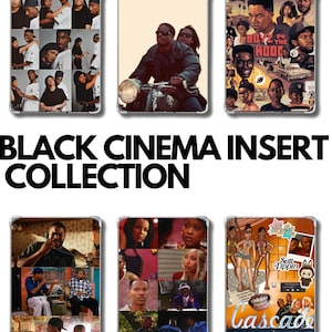 Puede incluir: Una colección de seis fundas para tabletas con imágenes del cine negro. Las fundas muestran varias escenas de películas y collages, con el texto "BLACK CINEMA INSERT COLLECTION" en negrita, letras negras.