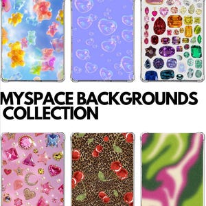May include: Collection of tablet cases with various designs. Includes cases with gummy bears in a blue sky, heart-shaped bubbles on a purple background, and a collection of colorful gemstones. Other cases feature pink gems, cherries, and a green and pink swirl.
