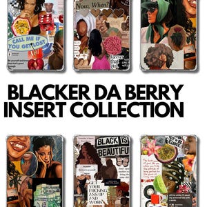 Puede incluir: Colección de fundas transparentes para tabletas con diseños de collage. Cada funda presenta una composición artística única con imágenes, texto y colores vibrantes. El texto "BLACKER DA BERRY INSERT COLLECTION" se muestra de forma destacada.