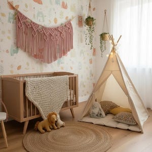 Könnte beinhalten: Ein Kinderzimmer mit einem Holzbett, einem beigen Tipi und einem Jute-Teppich. Ein rosa Makramee-Wandbehang und eine Decke befinden sich auf dem Bett. Die Tapete zeigt Tierillustrationen. Kissen und Stofftiere vervollständigen den gemütlichen Raum.