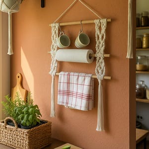 Macrame Kitchen Organizer | Boho Paper Towel Holder | Mug Rack | Wall Towel Hanger | Handmade Boho Kitchen Decor | Rustic Storage