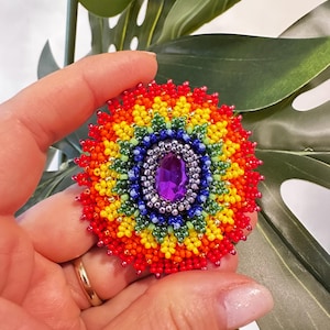Rainbow Flower Brooch, Pride Beaded Pin, Bisexual & Nonbinary Jewelry, Handmade Rainbow LGBT Pin, Queer Gift for Friends, Pride Month gift