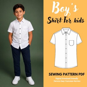 Puede incluir: Una camisa blanca de manga corta con botones, bolsillo en el pecho y pantalones azul marino. La imagen incluye un dibujo técnico de la camisa y el texto Boy's Shirt For kids SEWING PATTERN PDF Digital Download Friendly.