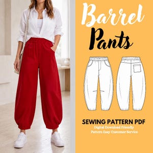 May include: A digital sewing pattern for barrel pants, featuring a white shirt and red trousers on the left, and a technical line drawing of the front and back of the trousers on the right, with the text Barrel Pants and SEWING PATTERN PDF.