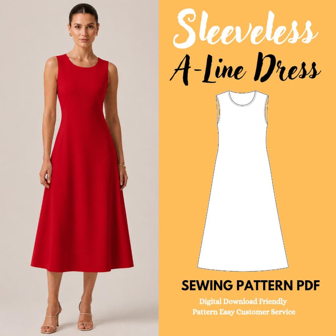 Sleeveless A-line Dress Sewing Pattern PDF, Round Neck Midi, Beginner Friendly (instant Download)
