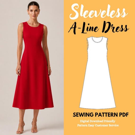 classic a line dress pattern Sleeveless A-Line Sewing PDF, Round Neck Midi, Beginner Friendly (Instant Download) a line dress pattern pdf free