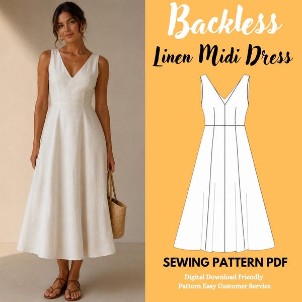 Backless Linen Midi Dress Sewing Pattern, Sleeveless V-Neck Sundress (PDF Download)
