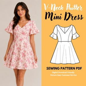 V-Neck Flutter Sleeve A-Line Mini Dress Sewing Pattern (Digital Download)