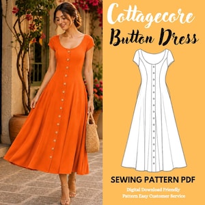 May include: A bright orange midi dress with short sleeves, a scoop neckline, and a full-length front button placket. The image includes a technical line drawing of the dress and text that reads Cottagecore Button Dress SEWING PATTERN PDF.