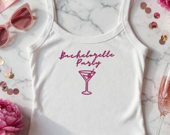 Canotta per addio al nubilato, canotta ricamata per festa prematrimoniale, top Martini Glass Bride Tribe, canotta a coste per viaggio tra ragazze, maglietta per festa di addio al nubilato
