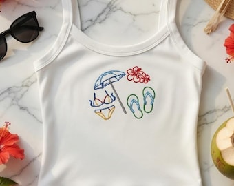 Canotta da spiaggia ricamata, canotta estiva Y2K civettuola, crop top con grazioso fiore di ibisco, outfit minimalisti per le vacanze, canotta a coste estetica