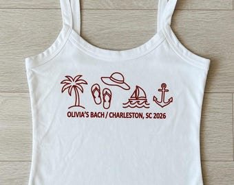 Top corto personalizzato per addio al nubilato in spiaggia con ricamo, maglietta personalizzata per la sposa, maglietta per viaggio al mare, regalo per la futura sposa, regalo per addio al nubilato