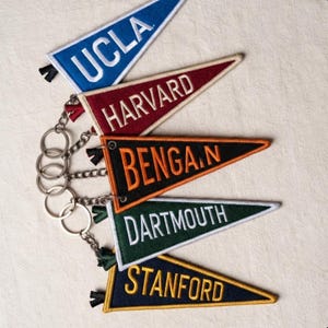 Può includere: Un set di cinque portachiavi in feltro a forma di gagliardetto triangolare, ciascuno con nomi di università ricamati: UCLA in blu, HARVARD in rosso, BENGAL in nero, DARTMOUTH in verde e STANFORD in blu navy. Ogni gagliardetto ha un anello.