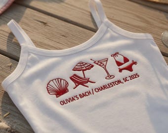 Top corto personalizzato per addio al nubilato in spiaggia con ricamo, maglietta personalizzata per la sposa, maglietta per viaggio al mare, regalo per la futura sposa, regalo per addio al nubilato