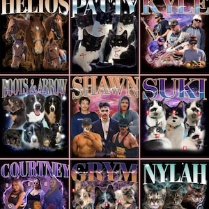 May include: A collage of nine images featuring different names and animals. Each image has a colorful background with a galaxy-like pattern. The names are written in a bold, colorful font. The animals include horses, cats, dogs, and a variety of other animals.