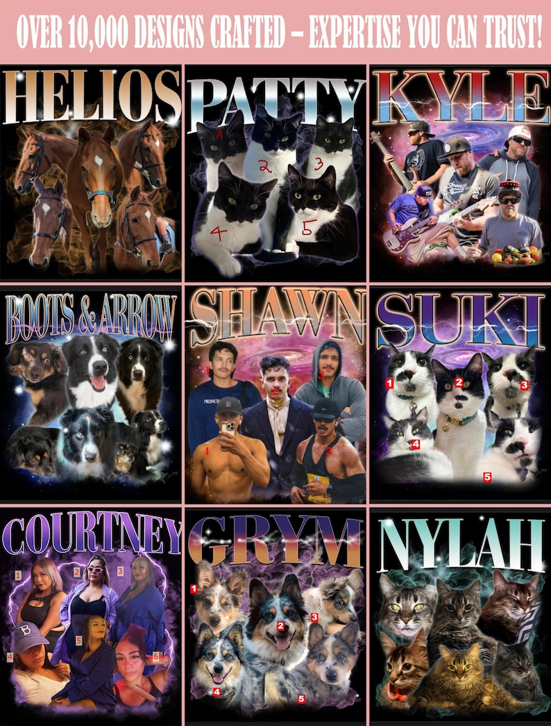 May include: A collage of nine images featuring different names and animals. Each image has a colorful background with a galaxy-like pattern. The names are written in a bold, colorful font. The animals include horses, cats, dogs, and a variety of other animals.