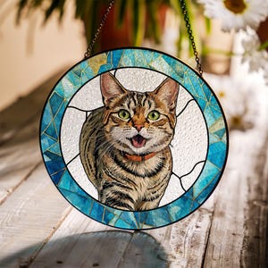 Personalized Cat Portrait Stained Glass Suncatcher, Pet Memorial Stained Glass Photo Suncatcher, Cat Memorial Gift, Pet Loss Gift OD03.C