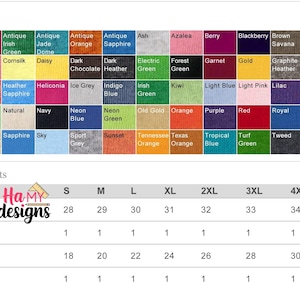 May include: A chart showing different colors of t-shirts with their corresponding names. Below the chart is a table showing finished measurements for t-shirts in sizes S through 5XL, including body length, body length tolerance, body width, and body width tolerance.
