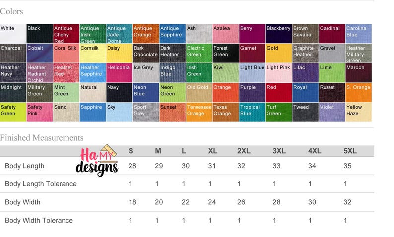May include: A chart showing different colors of t-shirts with their corresponding names. Below the chart is a table showing finished measurements for t-shirts in sizes S through 5XL, including body length, body length tolerance, body width, and body width tolerance.