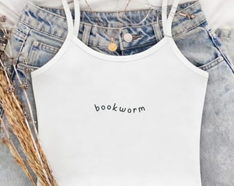 Canotta ricamata per amanti dei libri, top corto per lettori appassionati, abbigliamento da bibliotecario, abbigliamento per club del libro, maglietta per lettori, ideale per insegnanti di lettura, regalo per bibliotecari