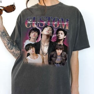 Chemise vintage Bootleg Kpop aux couleurs confort personnalisées, photo du chanteur + nom Chemise portrait personnalisée Singe T-shirts personnalisés, t-shirt des années 90 PSDD15.C