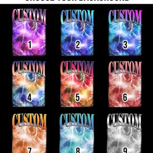May include: Nine different background designs for a custom t-shirt. The designs feature a lightning bolt graphic with a gradient color scheme. The designs are numbered 1 through 9.