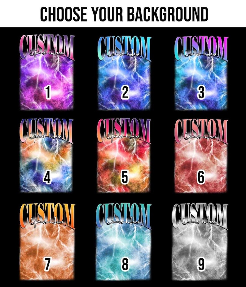 May include: Nine different background designs for a custom t-shirt. The designs feature a lightning bolt graphic with a gradient color scheme. The designs are numbered 1 through 9.