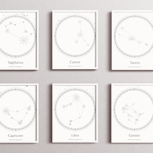 12 Zodiac Signs Digital Art Package Constellations Printable Wall Art Astrology Decor Celestial Star Map Set Digital for Home minimalist