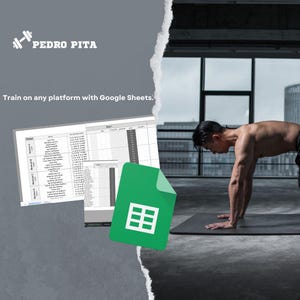 Peut inclure: Une icône verte de Google Sheets avec un motif de grille blanche, superposée sur un morceau de papier déchiré. L'arrière-plan montre un homme faisant un push-up sur un tapis de yoga noir. Le texte "Train on any platform with Google Sheets." est visible en haut de l'image.