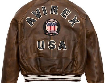 Jaqueta Bomber Masculina Avirex Estilo Vintage em Couro Marrom | Jaqueta Varsity em Couro Bovino