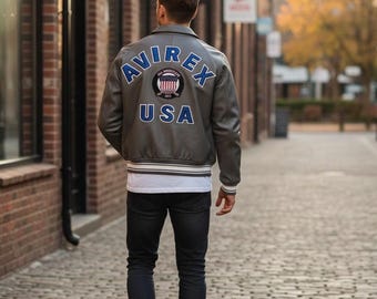 Chaqueta universitaria gris estilo Avirex Nueva York USA / Cuero de vaca genuino / Chaqueta bomber Letterman hecha a mano