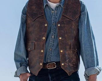 Distressed Brown Leather Western Vest: Handmade Cowboy Biker Style