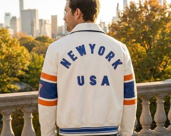 Handmade New York USA Genuine Cow Leather Varsity Jacket | Avirex latterman jacket | Premium White & Blue Streetwear Bomber Jacket