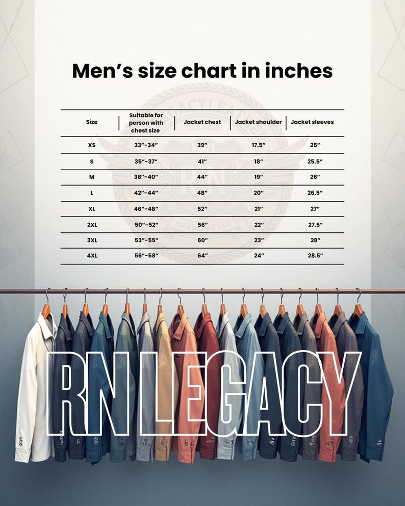 May include: A size chart in inches for jackets, with measurements for chest, shoulder, and sleeves. The chart is labeled "Men's size chart in inches." Below the chart, a rack of jackets in various colors is displayed, with the text "RN LEGACY" overlaid.