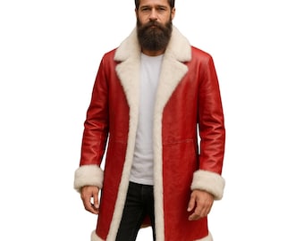 Abrigo navideño rojo de piel de oveja para hombre - Lujosa piel de oveja y ribete de piel
