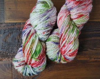 OOAK - Bulky Weight Superwash Merino Wool Yarn Fiber - Red Green Purple Christmas Hand Dyed Knit Crochet