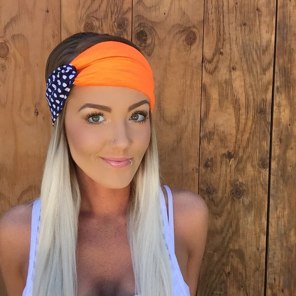 Polkadot-Vintage-Stil-Denver-Turban-Stirnband || Haar-Band-Accessoire stricken Workout Yoga Fußball Mode Navy blau weiß-Orange-Colorado