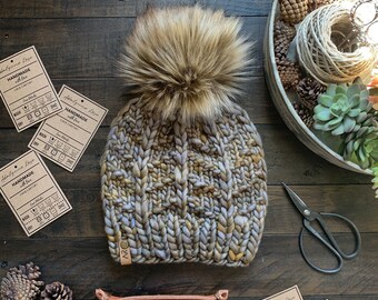 Lux Collection Biggie Bexley Beanie Hand Dyed Wool Knit || Cap Toque w/ Faux Fur Pom Roving Yarn Hat Hair Earwarmer Fashion Chunky Bulky