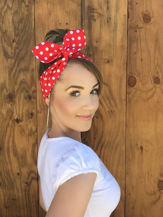 White Polka dot Pinup Dolly Bow headband Rockabilly dots Hair Fashion Retro Rosie Wrap Head Band Vintage Inspired Red