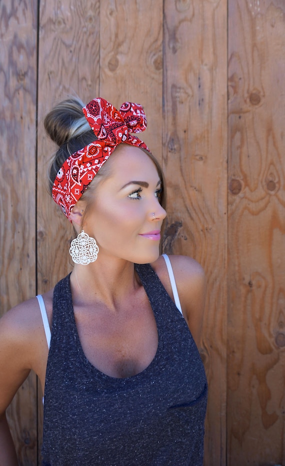 Vintage Inspired Red Bandana Pinup Dolly Bow Headband Etsy