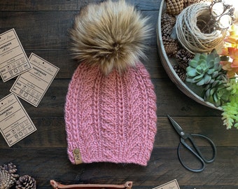 Lux Collection Harper Beanie Hand Dyed Superwash Wool Knit || Cap Toque w/ Faux Fur Pom Roving Yarn Hat Hair Earwarmer Fashion Chunky Bulky