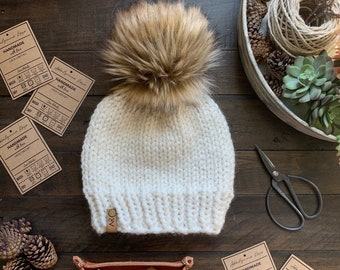 The Basic B || Hand Knit Wool Beanie || Cream Off White Hat Knit Cap Faux Fur Pom Hair Earwarmer Accessory Fashion Chunky Bulky