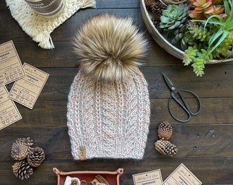 Lux Collection Harper Beanie Superwash Wool Knit || Cap Toque w/ Faux Fur Pom Roving Yarn Hat Hair Earwarmer Fashion Chunky Bulky