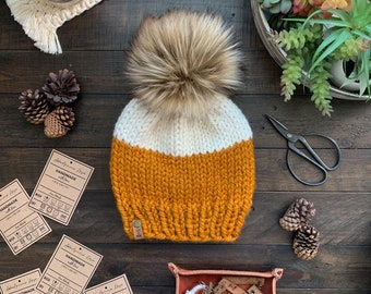 The Basic B || Hand Knit Wool Beanie || Cream Off White Rust Mustard Hat Knit Cap Faux Fur Pom Hair Earwarmer Accessory Fashion Chunky Bulky