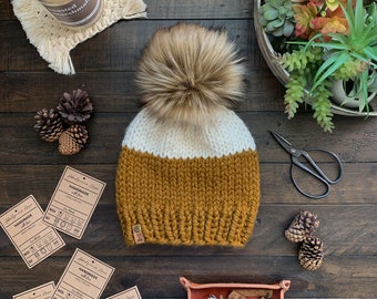 The Basic B || Hand Knit Wool Beanie || Cream Off White Rust Mustard Hat Knit Cap Faux Fur Pom Hair Earwarmer Accessory Fashion Chunky Bulky