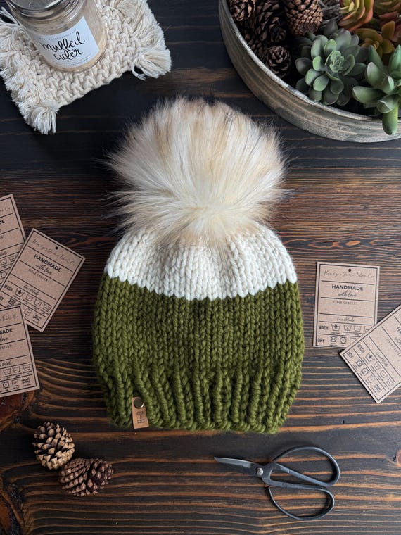 Handcrafted Cream and Green Knit Hat Richardson 141 Custom Pom Beanie | Dekni Creations - Dekni  main image 4