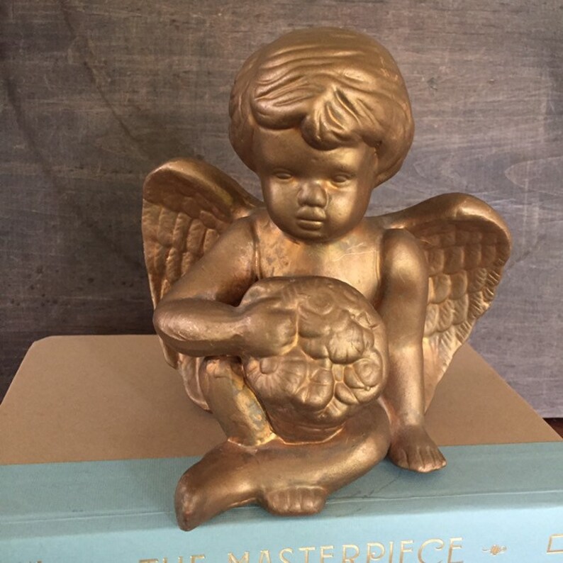 Sitting Cherub Baby Angel Golden Cherub Book Shelf Decor Etsy