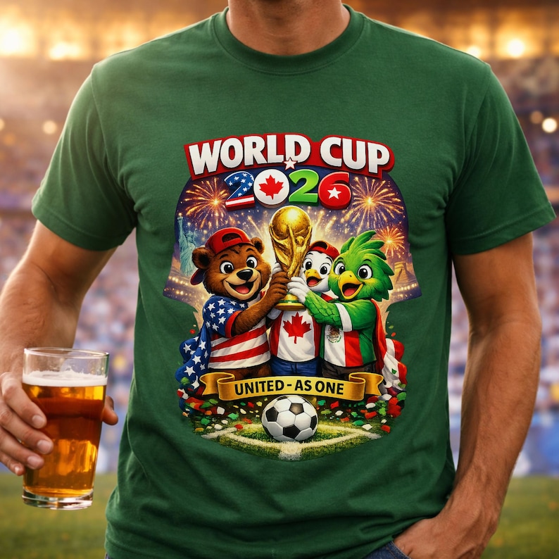 May include: Green t-shirt with a colorful graphic celebrating the 2026 World Cup. The design features cartoon mascots holding the trophy, a soccer ball, and the text "UNITED - AS ONE". The shirt is worn by a person holding a glass of beer.