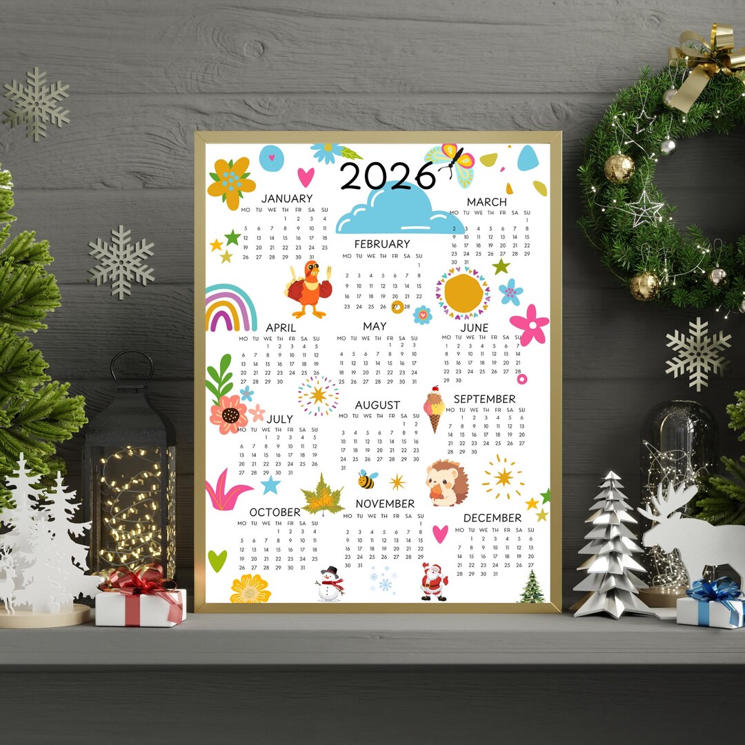 2026 Kids Calendar Printable, Cute Colorful Yearly Wall Calendar, Fun ...
