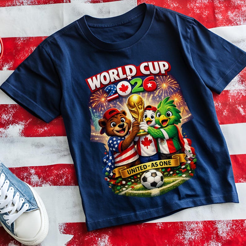 May include: Navy blue t-shirt with a colorful graphic featuring the text "WORLD CUP 2026" and three cartoon mascots holding a trophy. The mascots represent the USA, Canada, and Mexico. A soccer ball is also visible.